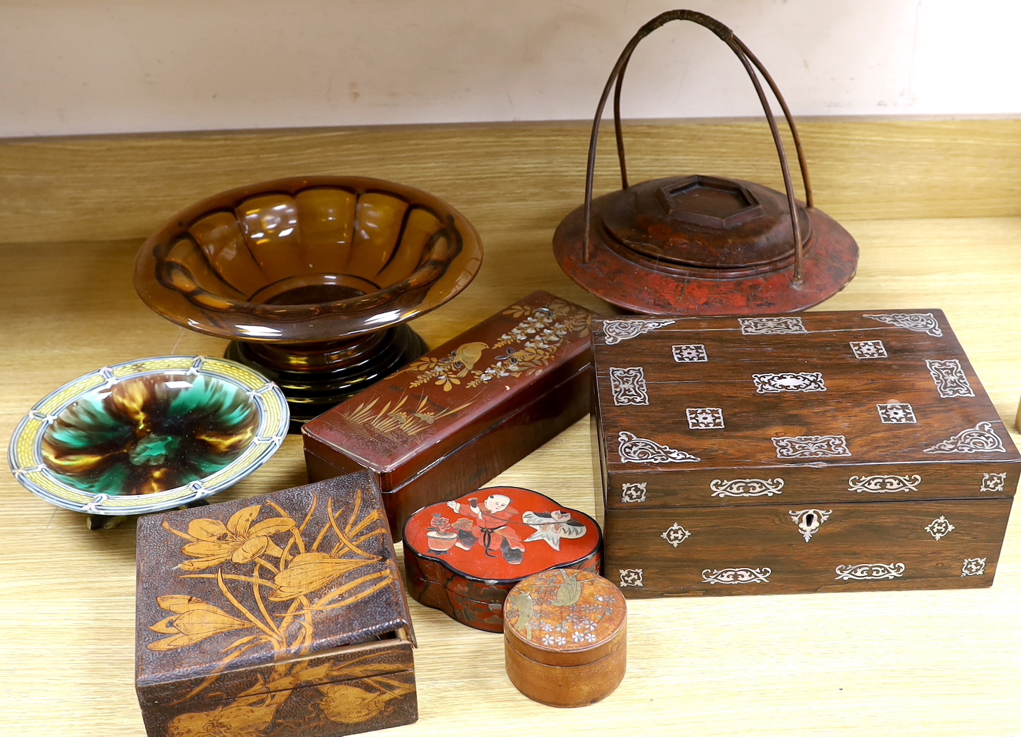 A Victorian mother of pearl inlaid rosewood box, glass pedestal bowl, Wedgwood majolica pedestal dish and various lacquer wares